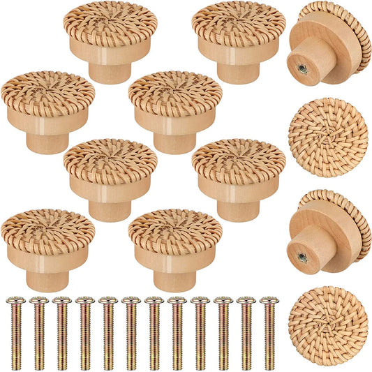 Set 10 Stück Rattan Möbelknöpfe, Holz Kommodenknöpfe, Natur, Weiß, Holz Schrankknöpfe Schubladenknöpfe - werkzeug-online24